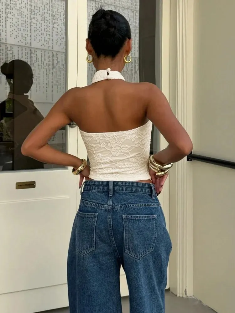 Wanita Seksi Putih Renda Leher Tinggi Halter Butang Belakang Tanpa Belakang Slim Fit Crop Top Kasual Percutian Harian Musim Panas 2026 — image 4