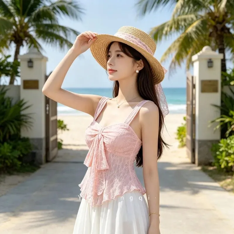 ภาษาฝรั่งเศสคำนุ่ม PURE ความงามผู้หญิง Cropped camisole ลูกไม้ผ้า jacquard เครื่องประดับโบว์เอว cinched อเนกประสงค์แขนกุด Inn