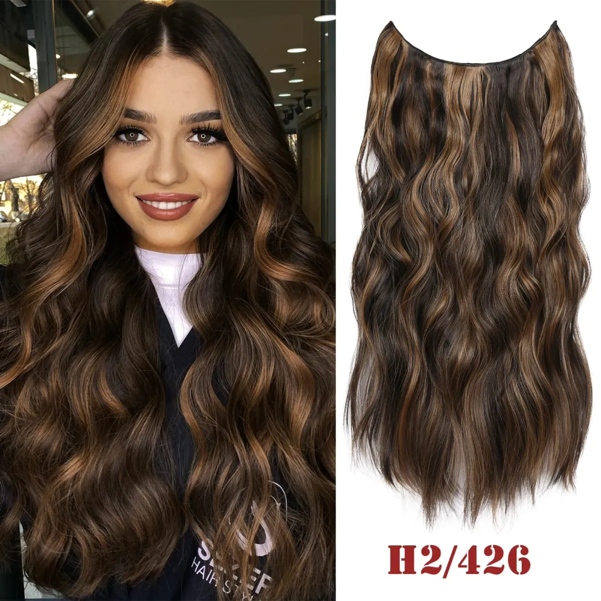Parrucchino sintetico ondulato lungo artificiale Biondo misto marrone Pezzo di capelli finti per le donne Due clip Estensione naturale dei capelli 17 colori — image 17