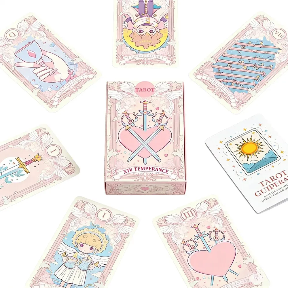 Mazzo di tarocchi rosa di grandi dimensioni da 78 pezzi Kawaii con guida - Illustrazione anime carina per il gioco da tavolo di divinazione del destino
