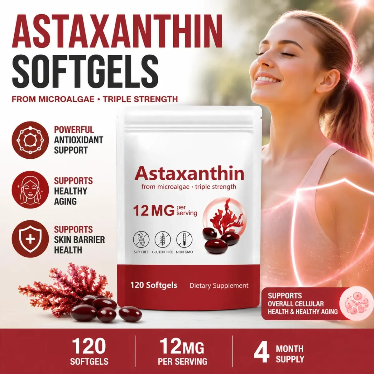 Astaxanthin-Ergänzungsmittel, 12 mg Kapseln aus Mikroalgen, mit antioxidativer Unterstützung für die Gesundheit der Haut und gesundes Altern, 120 Stück — image 1