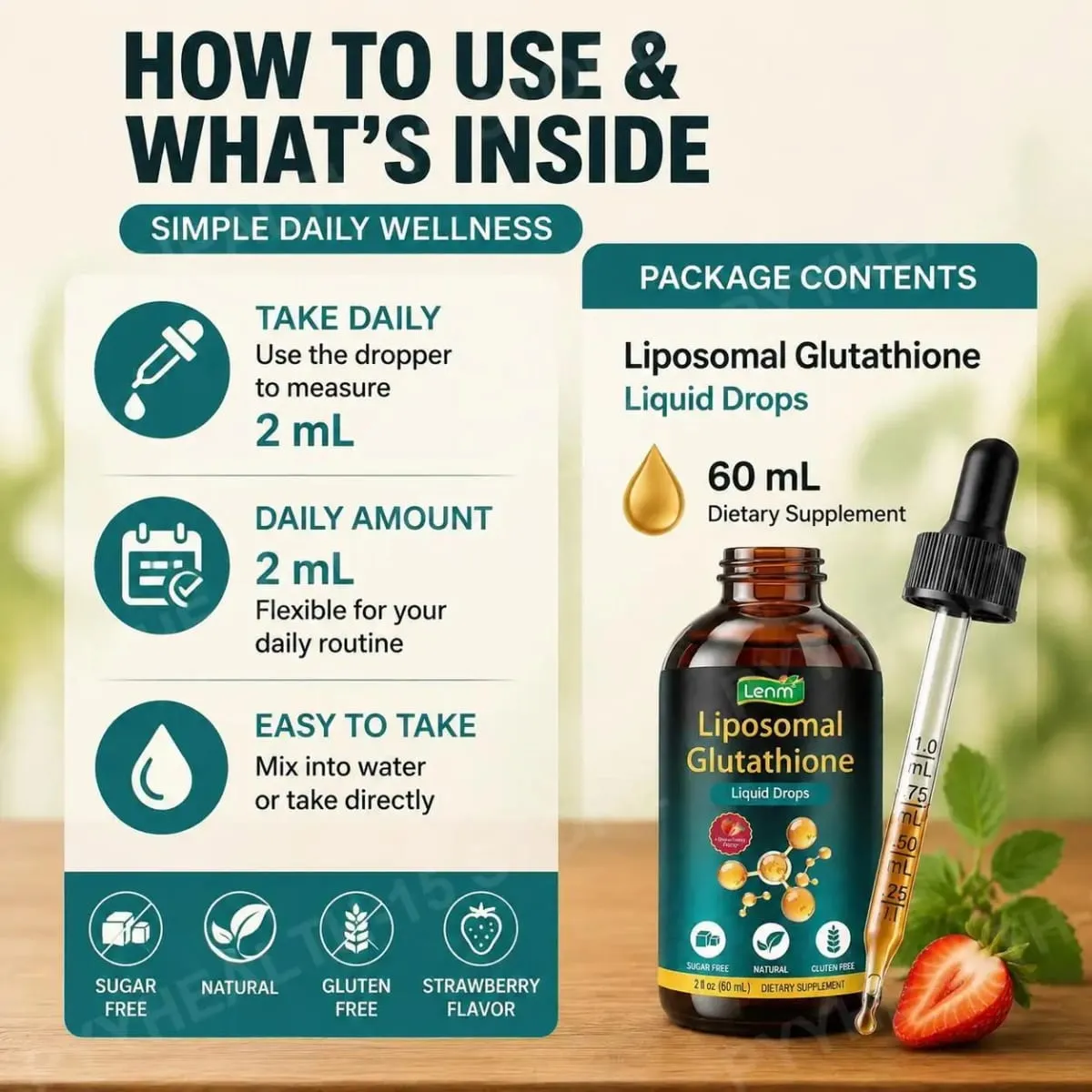 Lenm Liposomal Glutathione Liquid Drops for Antioxidant Cellular & Liver Support with NAC Vitamin C Strawberry Flavor 60 mL — image 6