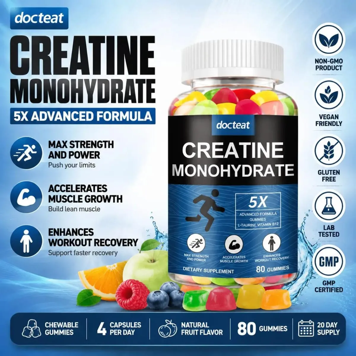 Docteat Creatine Monohydraat Gummies Kauwbaar voor kracht en kracht Ondersteunt spiergroei en trainingherstel 80 Gummies