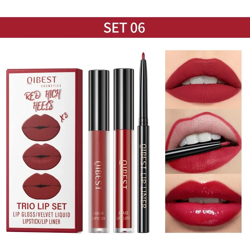 Lipstik Cair Matte & Lip Liner & Lip Gloss 3 Buah Set Kit Kosmetik Pewarna Bibir Merah Hitam Ungu Tahan Lama Anti Lengket — image 15