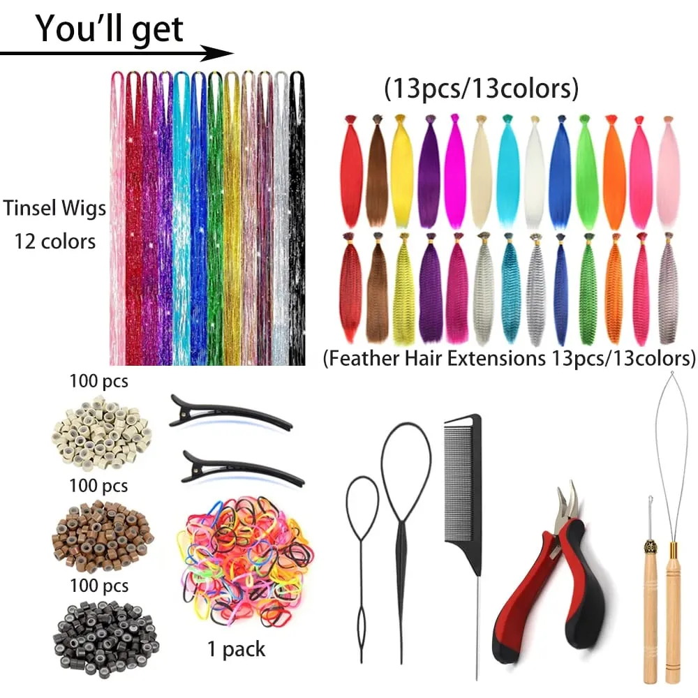 Bunte synthetische Federverlängerungen, 40,6 cm langes Haar-Werkzeugset für Frauen, 13 verfügbare Farben, 48-teiliges Set — image 1
