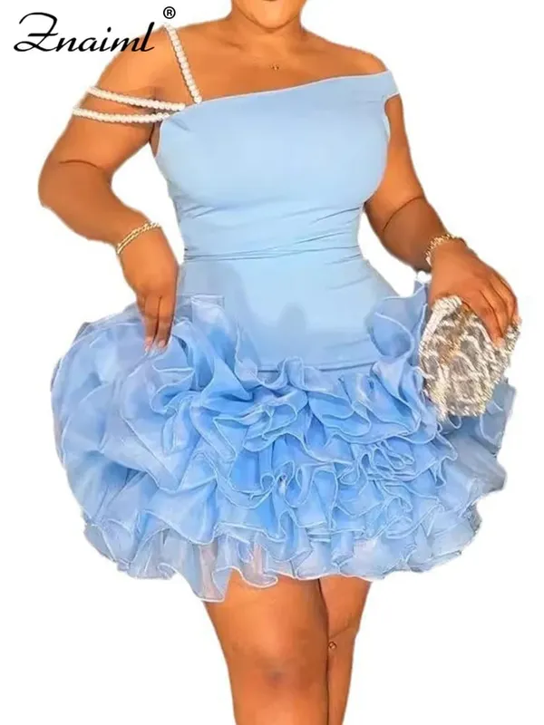 Znaiml Women Blue Stretchy Mini Dresses With Pearls Ruffles Trimmed Bottom Sexy Sheath Short Guest Birthday Party Wedding Gowns — image 8