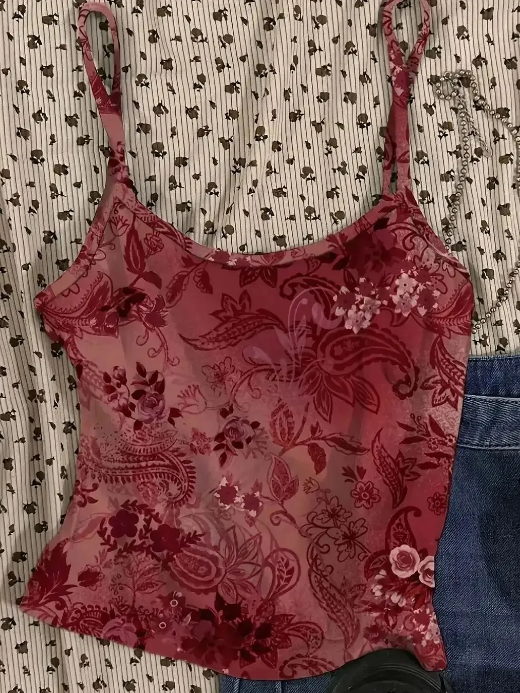 Gilet sexy rouge à motif floral vintage, haut court pour femmes