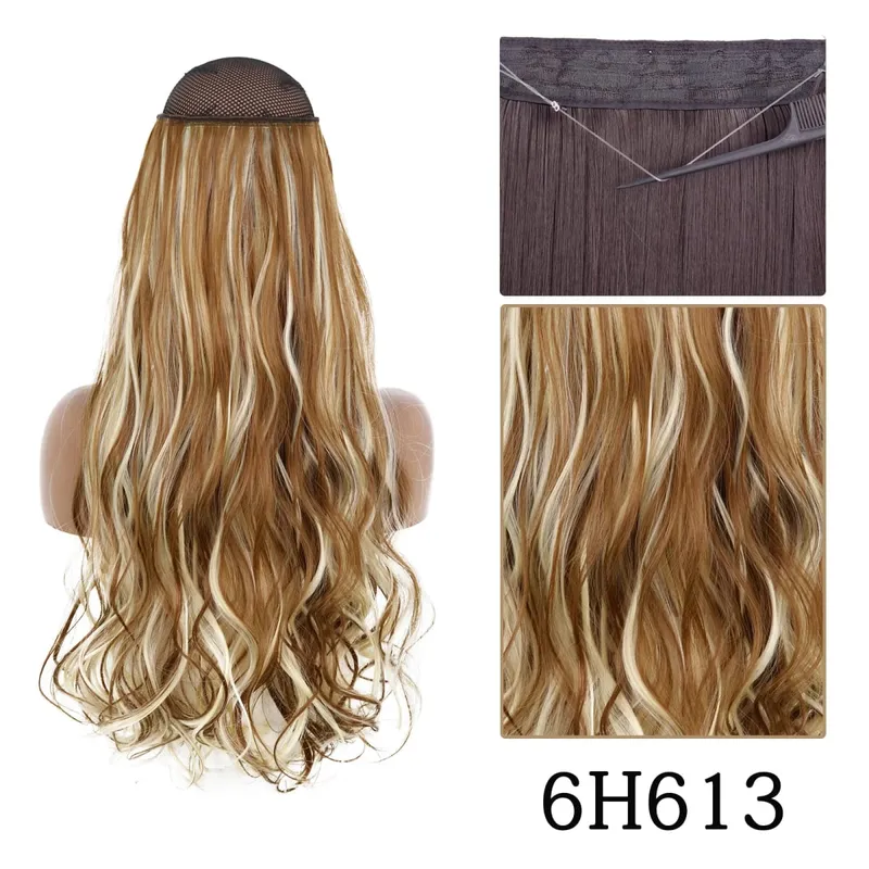 Estensioni dei capelli sintetiche senza clip regolabili con linea di pesce, parrucchino naturale biondo marrone ondulato lungo resistente al calore per le donne — image 11