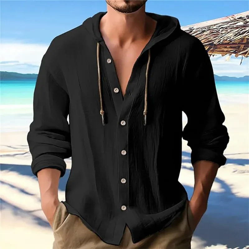 Men's Solid Color Casual Shirt Hooded Drawstring Cotton and Linen Cardigan Trendy and Versatile Loose Beach T-Shirt — image 1
