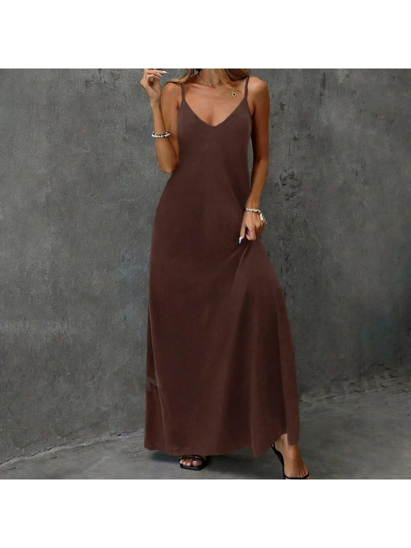 2026 Casual and Elegant Solid Color Suspender V-Neck Sleeveless Loose and Comfortable Backless Dress Long Skirt — image 5