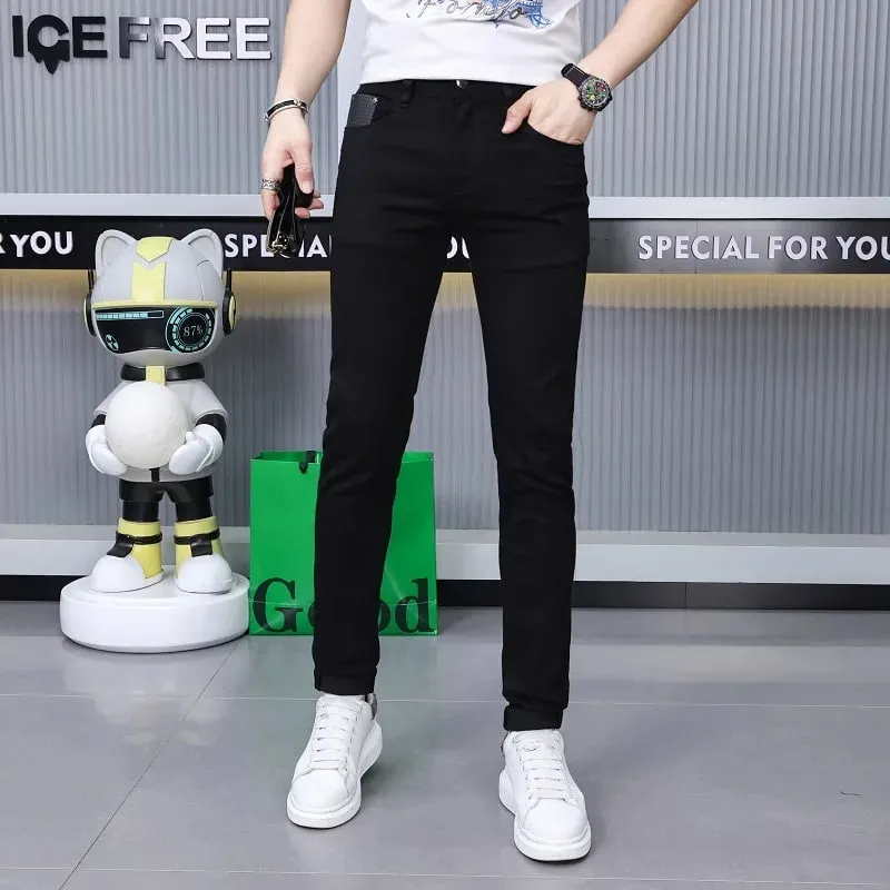 Pantalones vaqueros negros puros para hombre, ropa elegante y personalizada de gama alta, novedad de 2024, pantalones finos ajustados para hombre, pantalones finos de verano — image 4