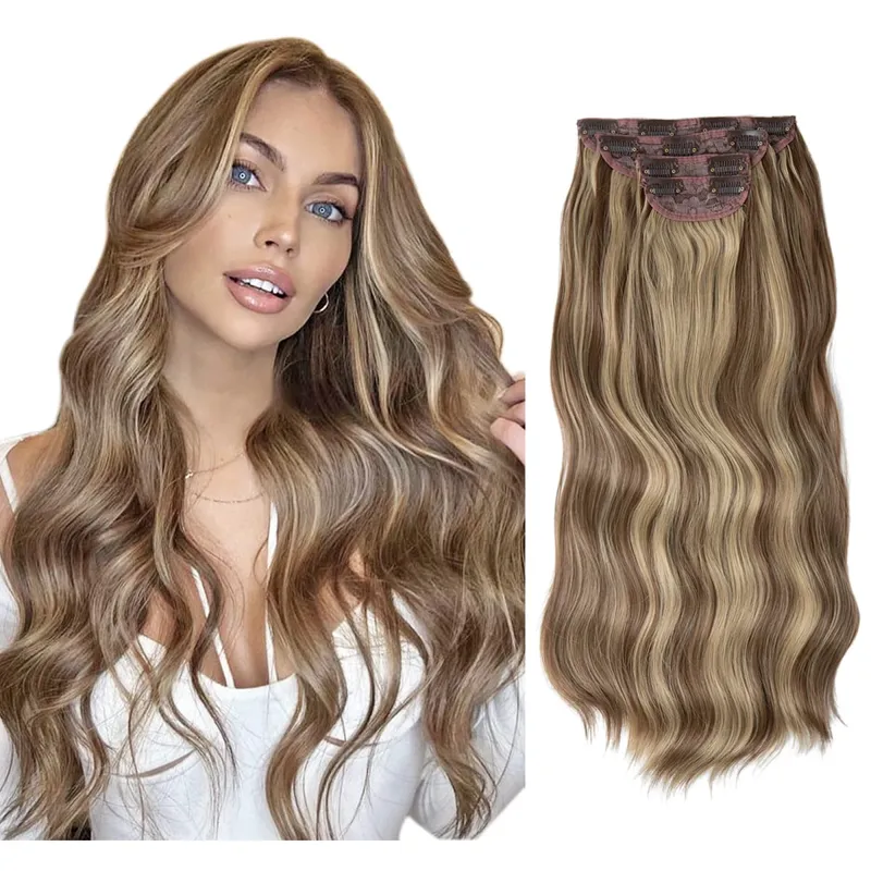 สังเคราะห์ยาวหยักคลิปในส่วนขยายของผม 22 "4 ชิ้น/เซ็ตหนา Hairpiece สำหรับผู้หญิงสีบลอนด์สีน้ำตาลสีดำธรรมชาติผมปลอม — image 18