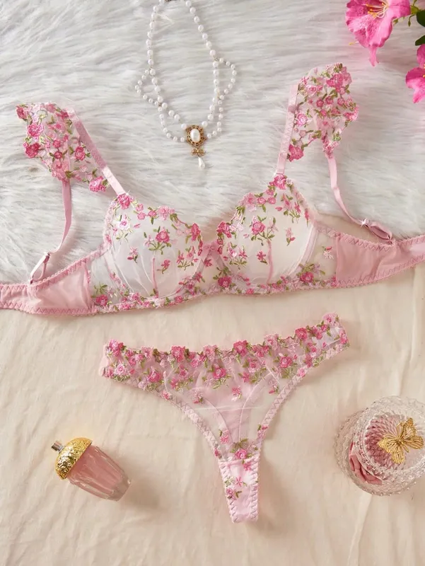 1 Set Romantic Rose Flower Embroidery Lingerie Set Ruffle Strap Sheer Mesh Bra Thong Set — image 7
