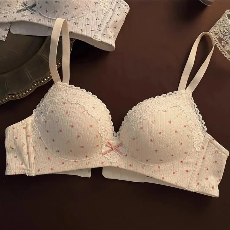 Sweet Girl Lace Edge Floral Bra Set Women Non-steel Ring Beauty Back No Steel Hoop Anti Sagging Underwear Cotton Comfortable Bra — image 10