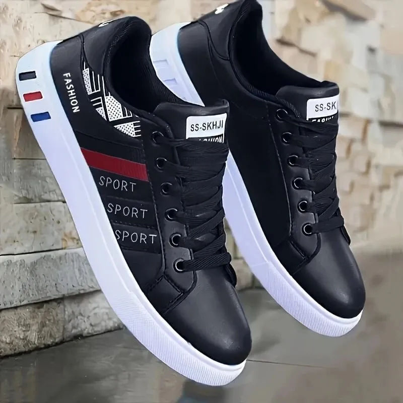 Low-Top-Skateboard-Sneaker für Herren – atmungsaktives Synthetik-Obermaterial, strapazierfähige PVC-Sohle, rundes Zehendesign, geeignet für Freizeit- und formelle Kleidung, Skateboard-Schuhe, Freizeitschuhe, stilvolles Schnür-Design, ausgestattet mit bequemen Stoff-Einlegesohlen.