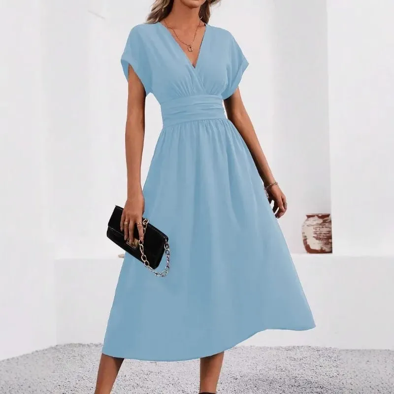 ชุด 2025 ผู้หญิงฤดูร้อนสีทึบVคอBatwingแขนจีบยาวElegantชุดเสื้อผ้าผู้หญิงเสื้อกระโปรงY2kเสื้อผ้า — image 3