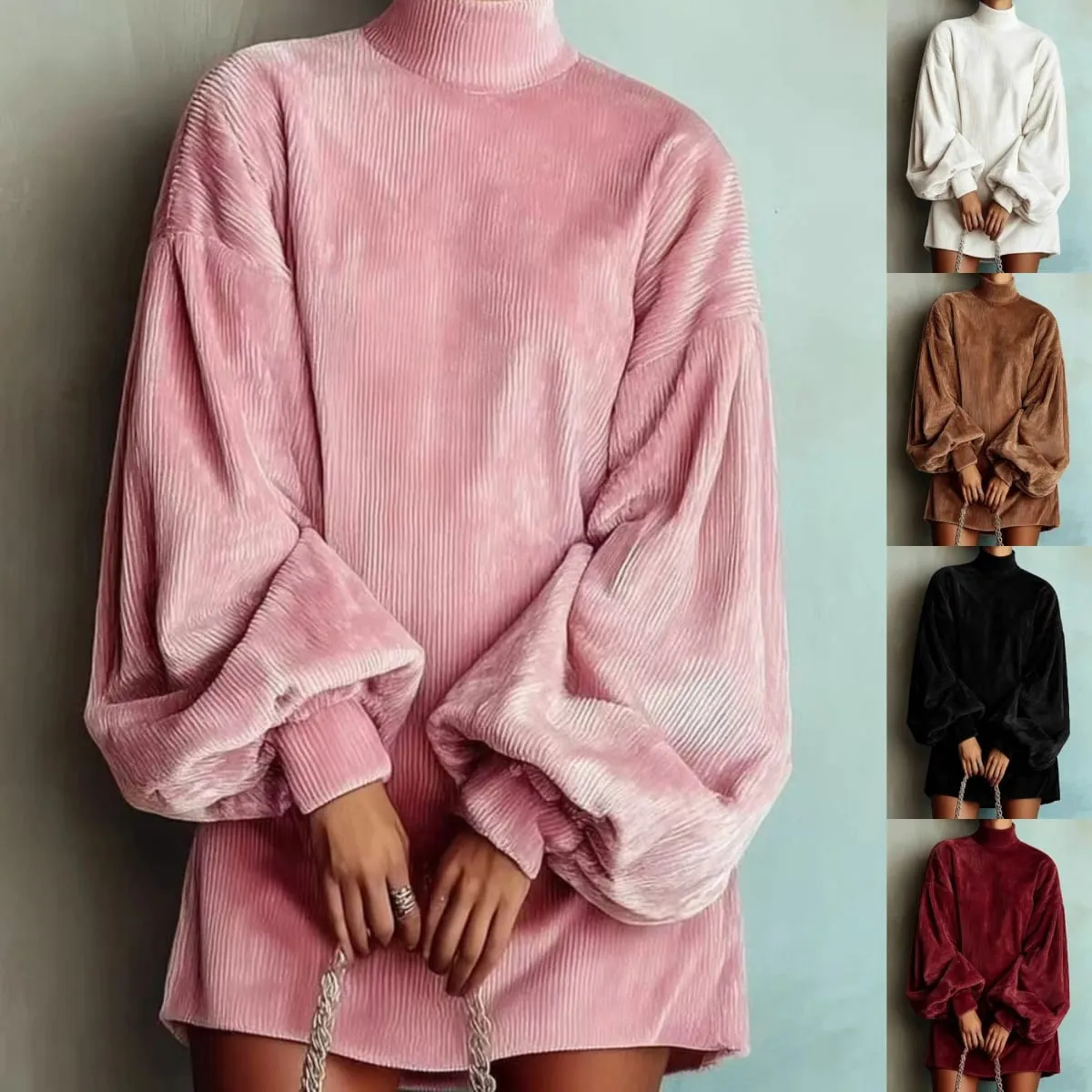 Pakaian Mini Turtleneck Korduroi Wanita Bersaiz Besar Elegan Longgar Lengan Tanglung Pakaian Kasual Musim Gugur Musim Sejuk Streetwear Pakaian Pendek — image 6