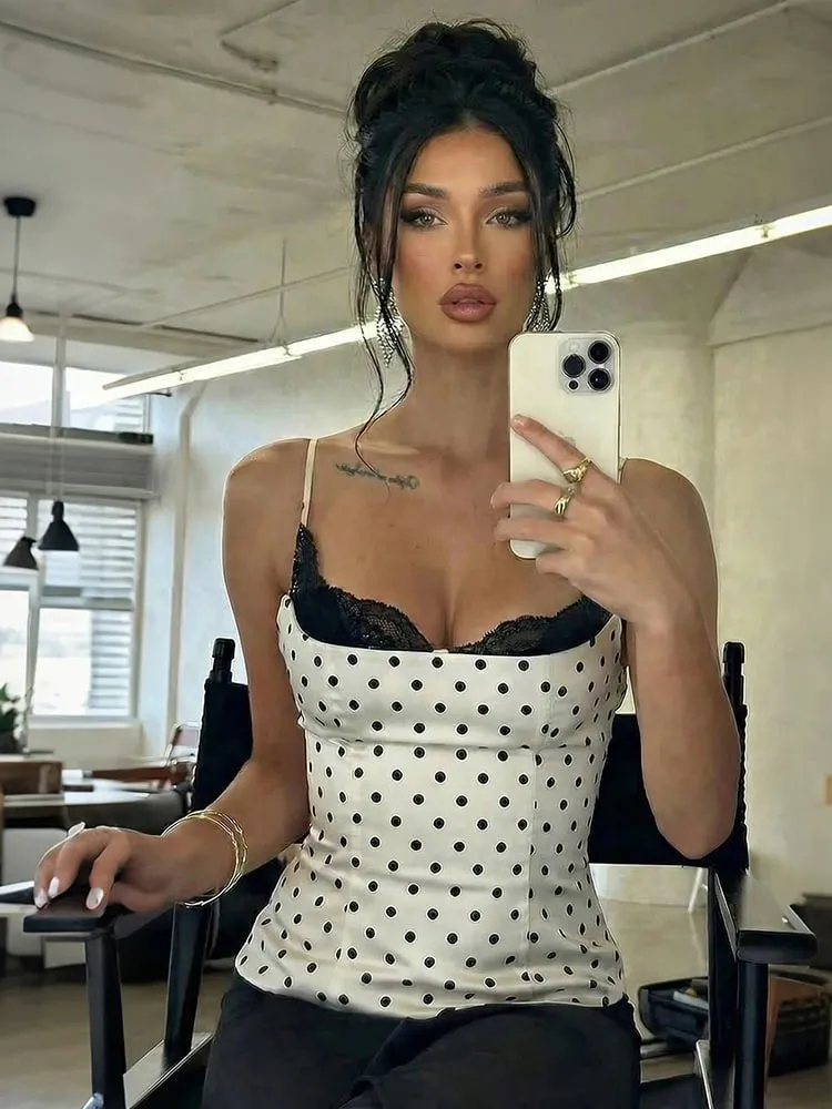 Weird Puss Sexy Spitze Patchwork Leibchen Frauen Trend Chic Polka Dot Print Quadrat Kragen Dünne Y2K Hottie Street Party Club weste — image 2
