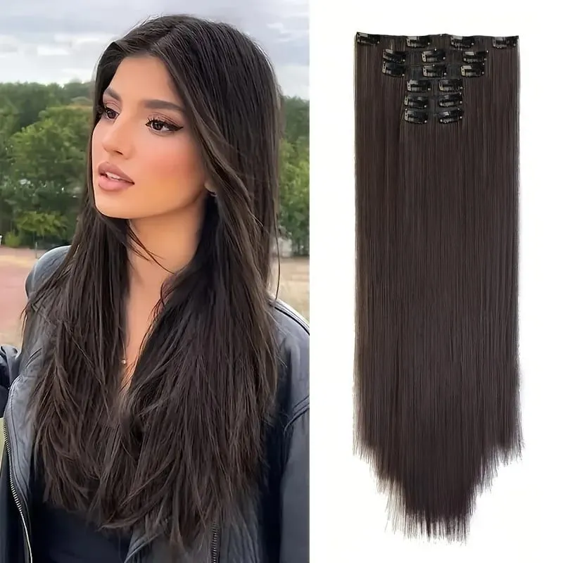 คลิปต่อผมส่วนขยายของผมหนายาวลูกไม้ผ้าน้ำหนักเบาสังเคราะห์ Hairpieces สำหรับผู้หญิงช็อคโกแลตสีน้ำตาลด้วย Go — image 8