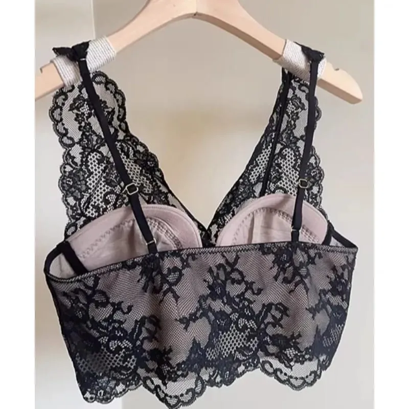 ผู้หญิงภาษาฝรั่งเศสคำลูกไม้ Bralette Push Up Gathering ไม่มี Underwire Backless Bra ชุด Sheer ชุดชั้นใน Outerwear Going Out Tops ขนาด S - XL — image 4