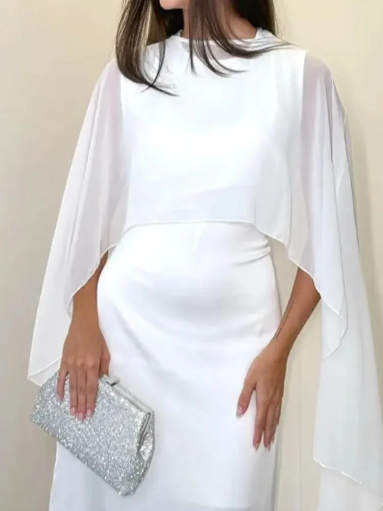 Abito maxi con scollo tondo a mantella trasparente per donna, gonna aperta sul retro, design tinta unita, elegante abito da cerimonia formale da sera femminile — image 3