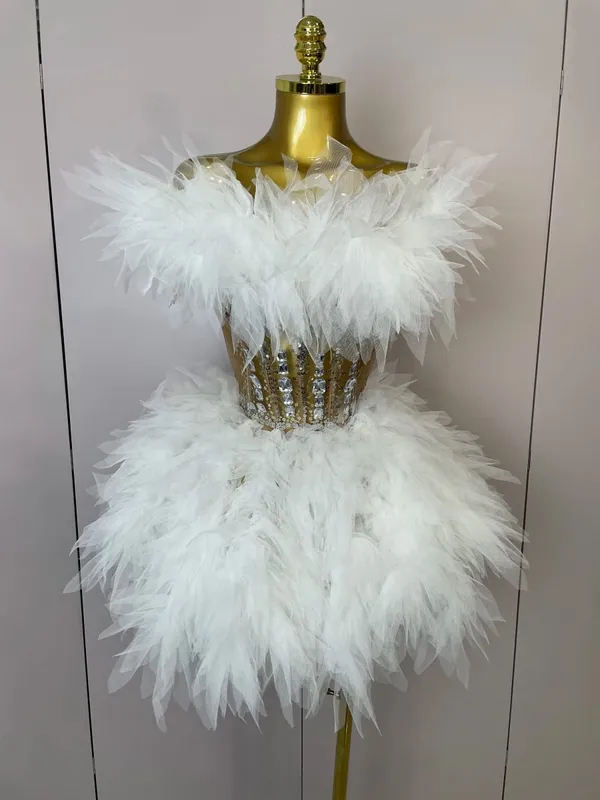 2025ผู้หญิงเซ็กซี่Backlessตาข่ายFluffyกระโปรง2ชิ้นเพชรSequins Stageเครื่องแต่งกายวันเกิดPartyการถ่ายภาพชุด