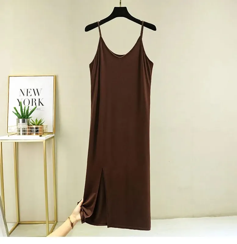 Womens Modal Volledige Slip Jurk Ondergoed Veststrap Solid Lange Onder Jurk Hemdje Slips Innerlijke Petticoat Vrouwen Intimates — image 8