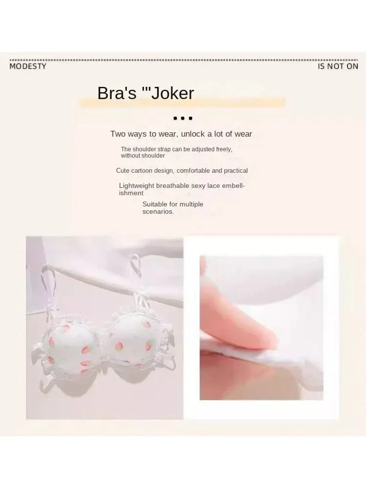 Strawberry 100% Lolita Collection Small Breasts Thin Cartoon Print Underwear Without Wire Back Pure Desire Bra Cover — image 6