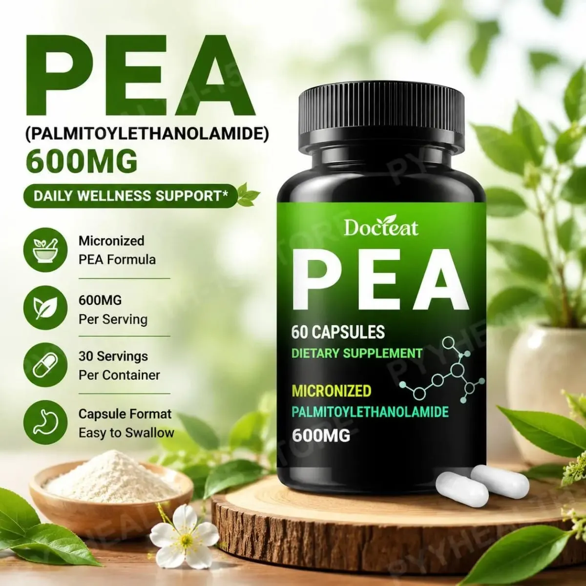 Kapsul Docteat PEA 600mg Palmitoylethanolamide Mikron Menyokong Keselesaan Penyelenggaraan Keseimbangan Kompaun dan Memudahkan 60 Kapsul — image 1