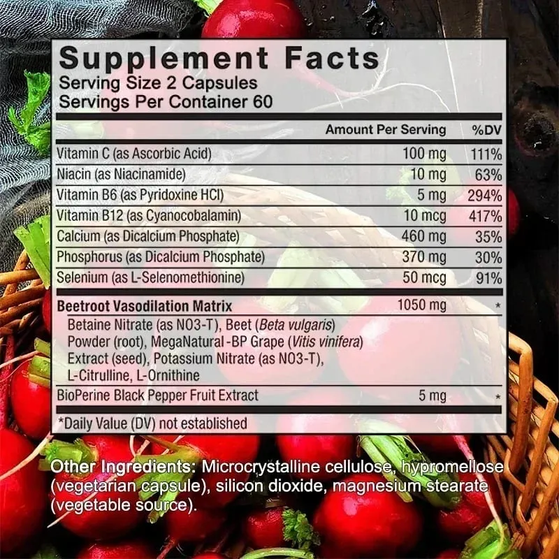 Capsule di barbabietola Estratto in polvere di barbabietola biologica + Pepe nero Produzione di ossido nitrico Circolazione sanguigna Pressione sanguigna Salute — image 6