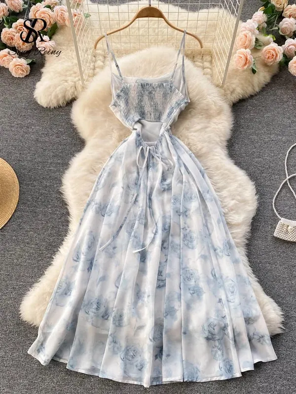 Women Floral Spaghetti Strap Dress Elastic Ruched Sexy Hollow Backless Party Dress Summer Boho Vacation Beach Sundress — image 2