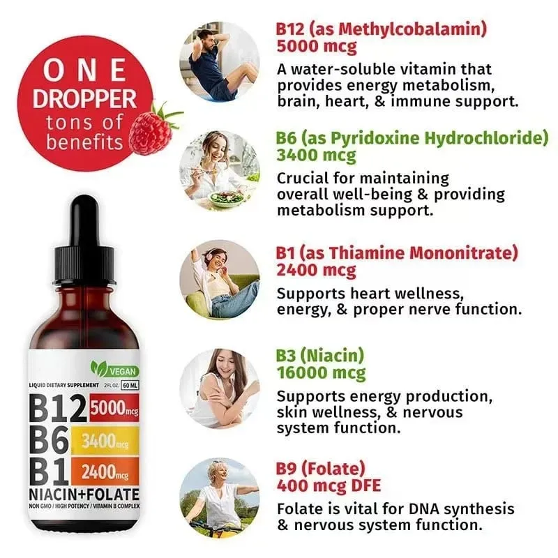 Vitamin B6 Drops Complex B12 B1 Folat Flydende Supplement Support Fordøjelsessystem Drops Flydende Triple Absorption Flydende Drop — image 3