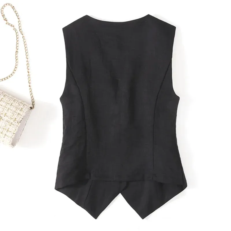 Gilet estivo in lino tinta unita, gilet da donna sottile, vestibilità slim, abito corto senza maniche, gilet con scollo a V — image 4