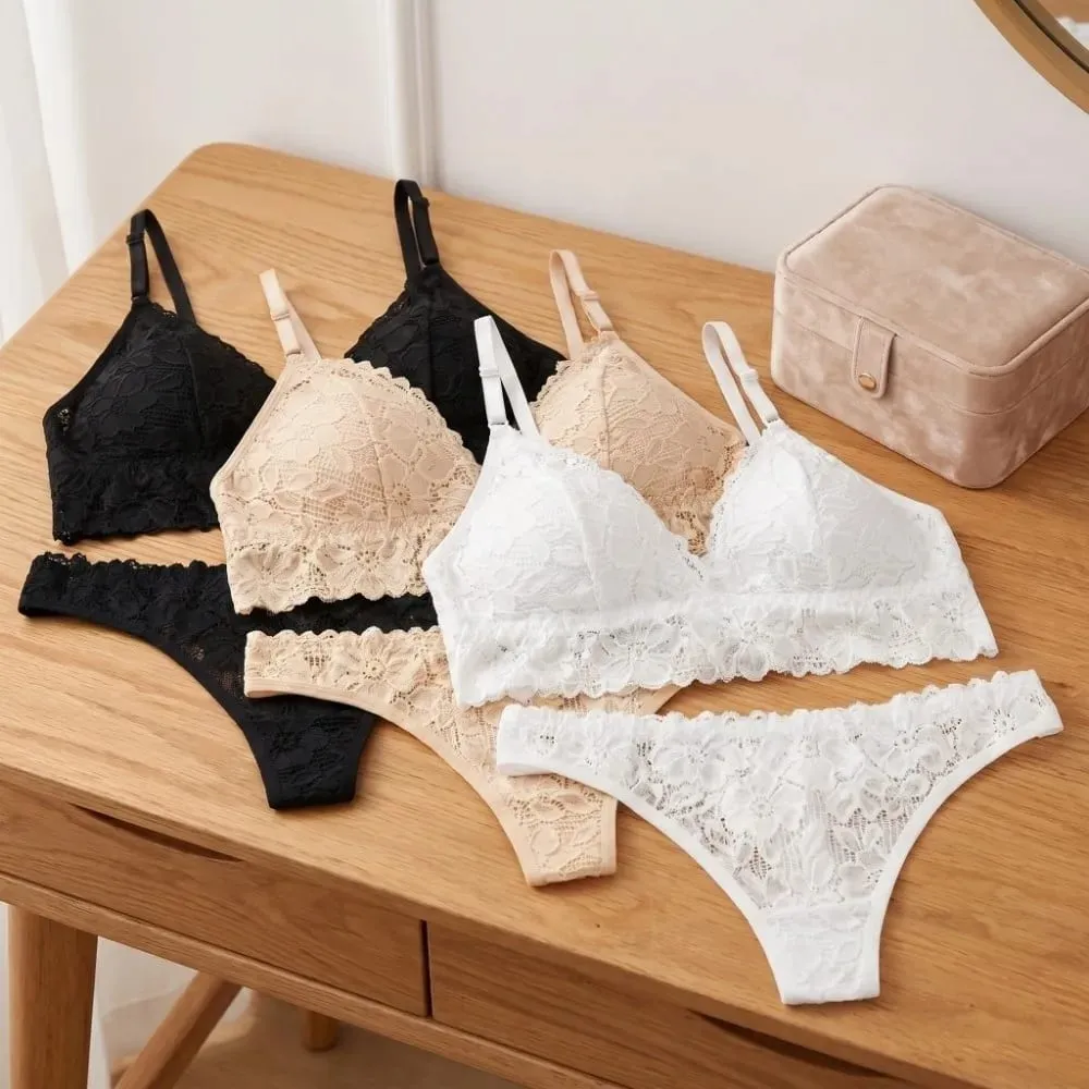 Unterhosen V-Ausschnitt Spitzenblumen-BH-Set Einfarbiger Tanga Blumenhöschen BH-Set Dessous T-Rücken-Spitzenunterwäsche Damen — image 1