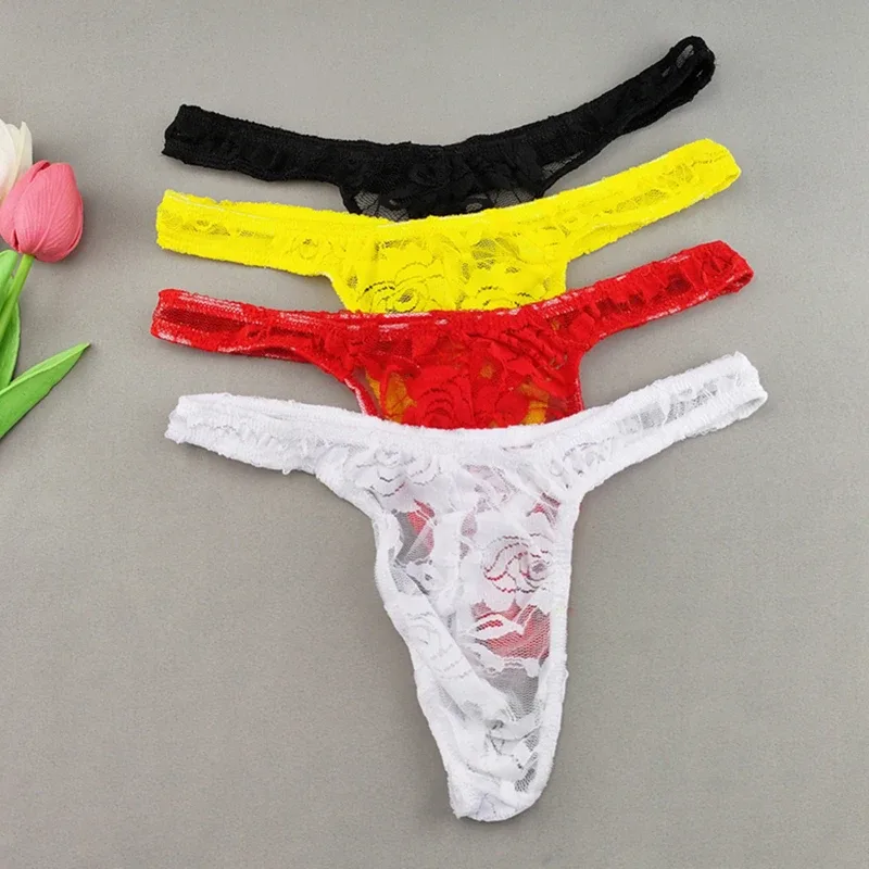 Lace Floral Sexy Men's Underwear Solid Hollow Perspective Thong Comfort Bugle Enhance Sissy G-String Gay Low Rise T-back Panties — image 8