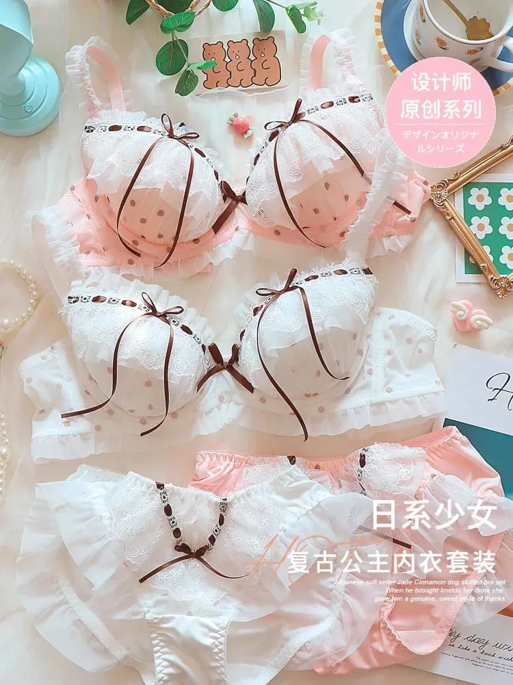 Roztomilá krajková sada podprsenky v japonském stylu s kosticí Light Push Up Support Sladký smyslný vzhled Teen Girls Podzimní Zimní kolekce CA — image 2