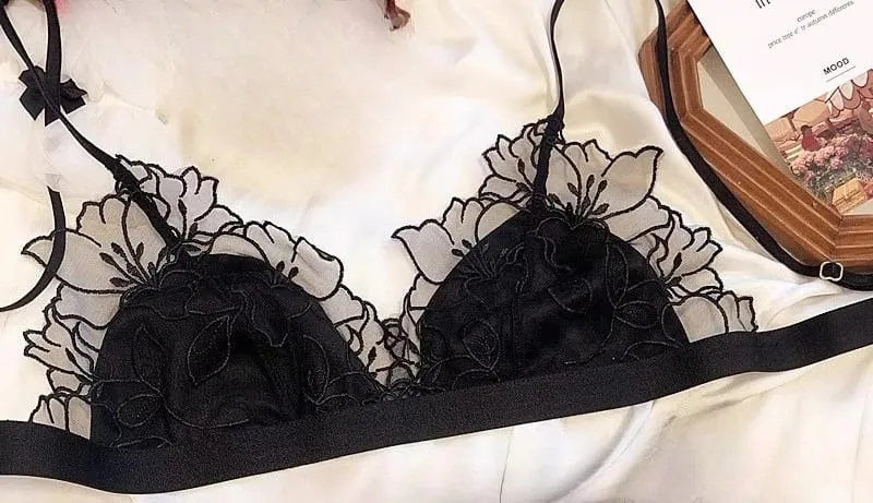 ​ Bralette de encaje francés elegante, copa triangular sin aros, tirantes finos, busto pequeño, conjunto de lencería cómoda para mujer BANERDANNI