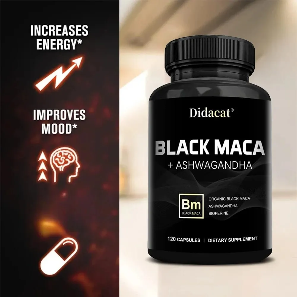 Organic Black Maca + Ashwagandha - Black Maca-kapsler med høj koncentration til mænd, der understøtter styrke udholdenhed og vitalitet