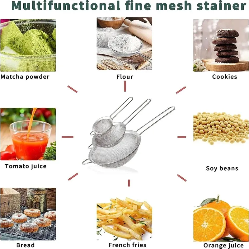 1/3/4 Keping/Set Wayar Keluli Tahan Karat Penapis Minyak Jaring Halus Penapis Tepung Penapis Penapis Alat Pembakar Pastri Aksesori Dapur — image 5
