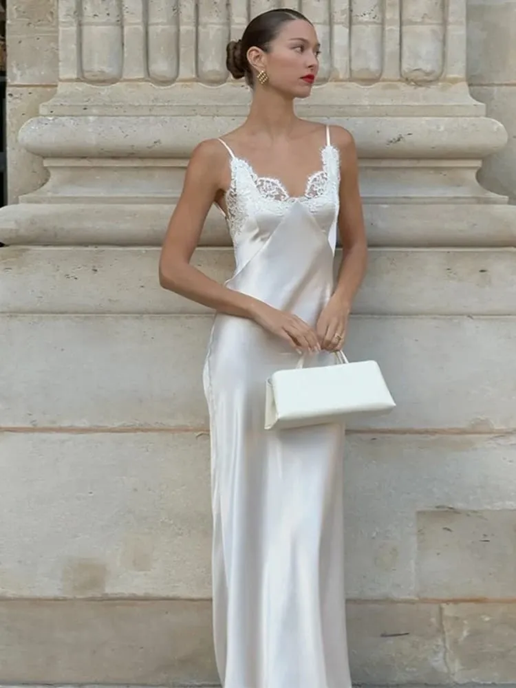 Koronkowa patchworkowa chusta damska sukienka seksowna solidna dekolt w serek bez rękawów Backless plama kobieca sukienka Maxi 2026 eleganckie letnie sukienki na przyjęcie — image 2