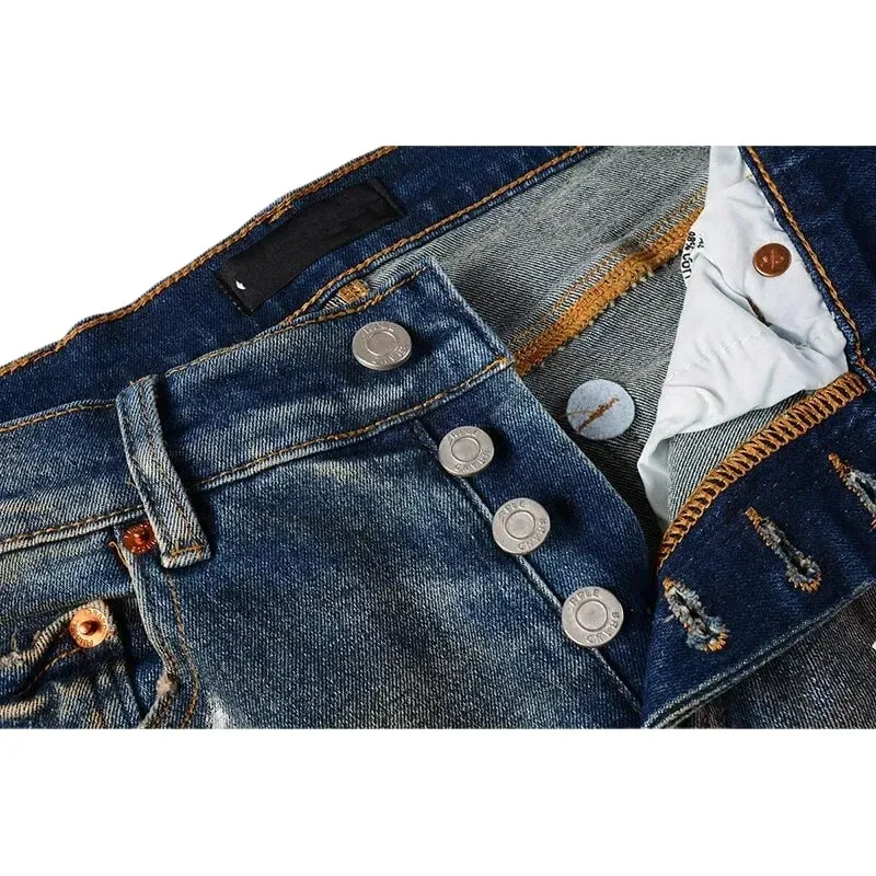 Jeans affusolati slim con strappi multipli da uomo Lavaggio sfumato blu vintage Bottoni con schizzi di vernice bianca Fly High Street Style — image 4