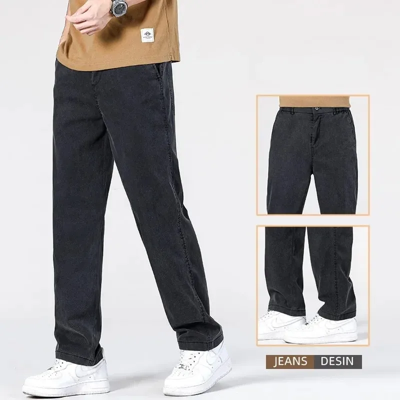 Summer New Baggy Jeans Men's Classic Thin Lyocell Fabric High Quality Straight Casual Pants Soft Denim Trousers Coffee Blue Gray — image 4