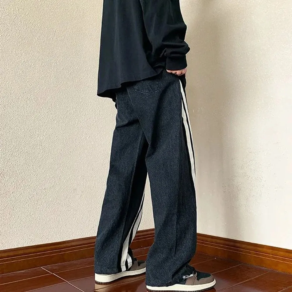 Mens Y2K Tracksuits Denim Drawstring Casual Pants Street Straight Pants Unisex Fashion Stitching Contrast Jeans Hip-Hop Trousers — image 7