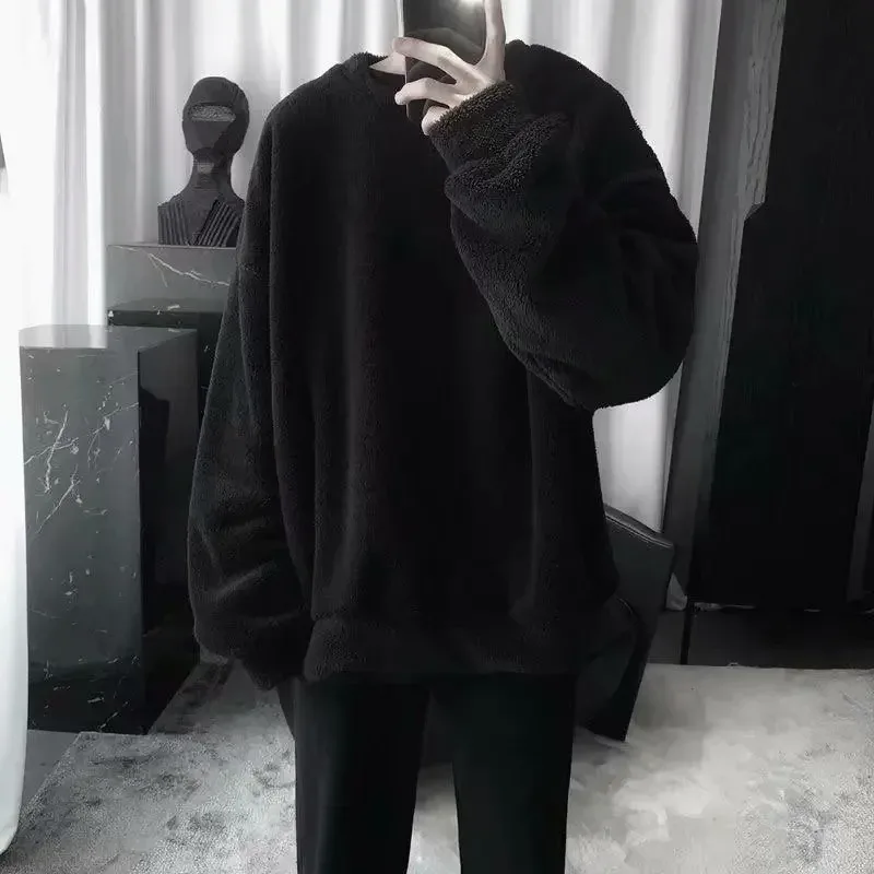 Sudadera de gran tamaño de Color sólido con pelo de cordero y cuello redondo, sudadera de manga larga para hombre, sudaderas holgadas de moda coreana, ropa de calle Harajuku — image 5