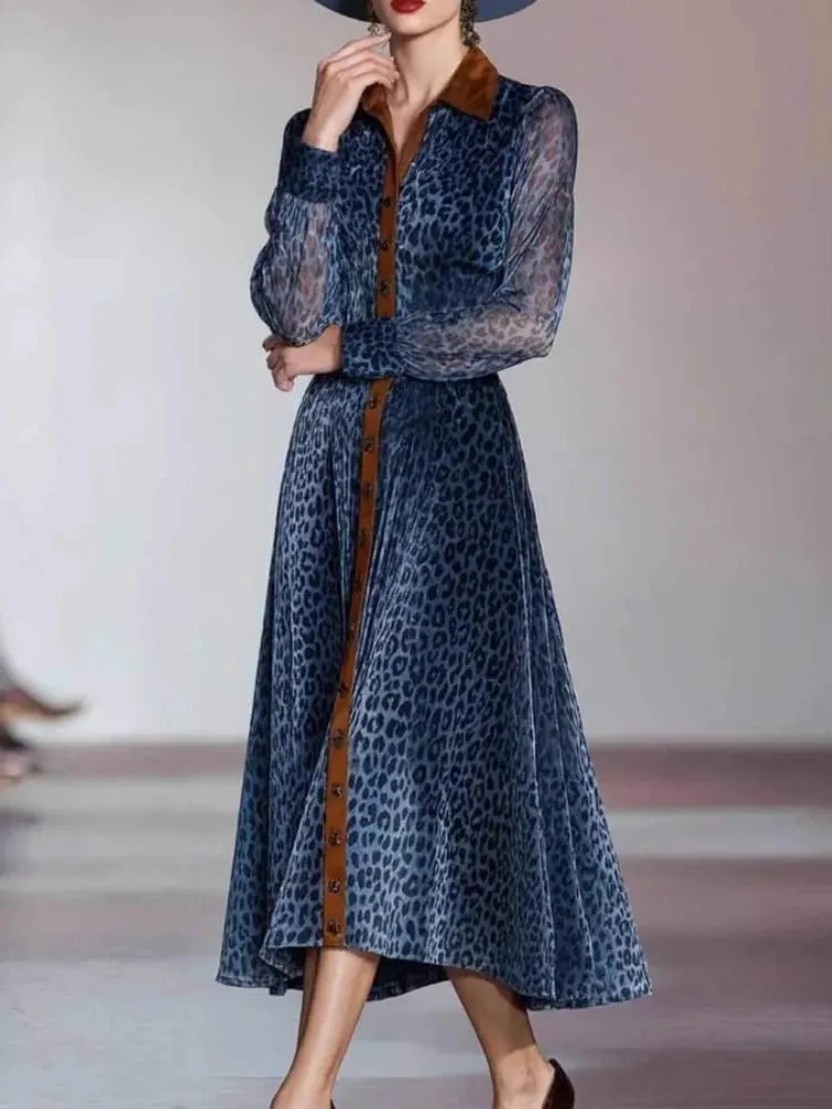 ผู้หญิงElegantชุดเสือดาวพิมพ์ชุดตาข่ายColorblockปกเดี่ยวBreasted Vintage Chicแขนยาวชุด — image 4