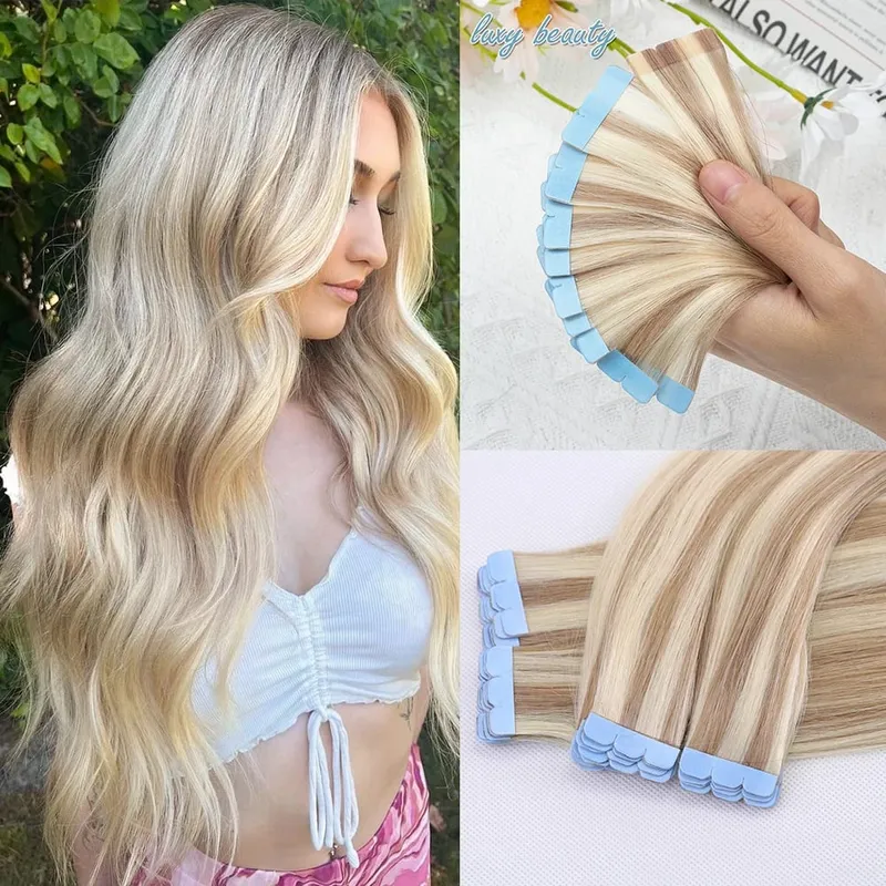 Pita Mini dalam Sambungan Rambut Manusia Sebelah Dua Pita Lancar Tidak Kelihatan dalam Rambut 10pcs/set Asli Lurus Hitam Coklat Berambut perang — image 16
