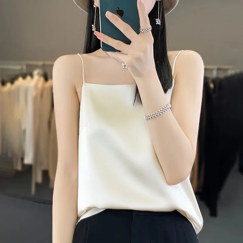 New Ice Silk Sexy Satin Strap Women's Spring/Summer Vest Solid Color Sleeveless Sexy Comfortable Silk Underwear Vest RW-D19