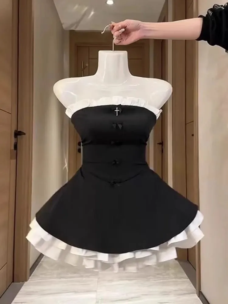 Sommer Neue Vintage Elegante Frau Kleid Liebsten Bogen Patchwork Hohe Taille Puffy Mini Kleid Weibliche Französisch Chic Sexy Outfits 2025 — image 6