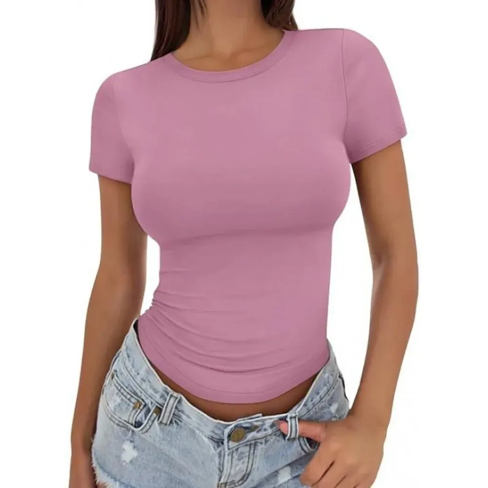 T-shirt aderente elasticizzata alla moda T-shirt morbida e traspirante T-shirt a maniche corte leggera in tinta unita stile streetwear — image 7