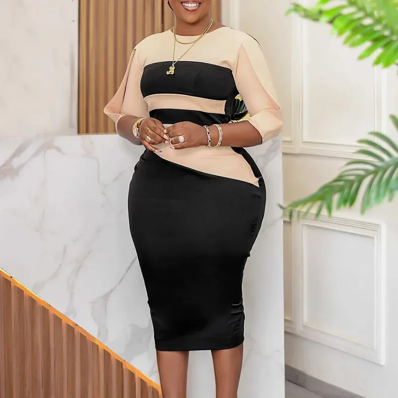 Women Dress for Work Elegant Office O Neck Three Quarter Sleeve Patchwork Sheath Package Hips Mid Calf Professional Business Hot — image 8